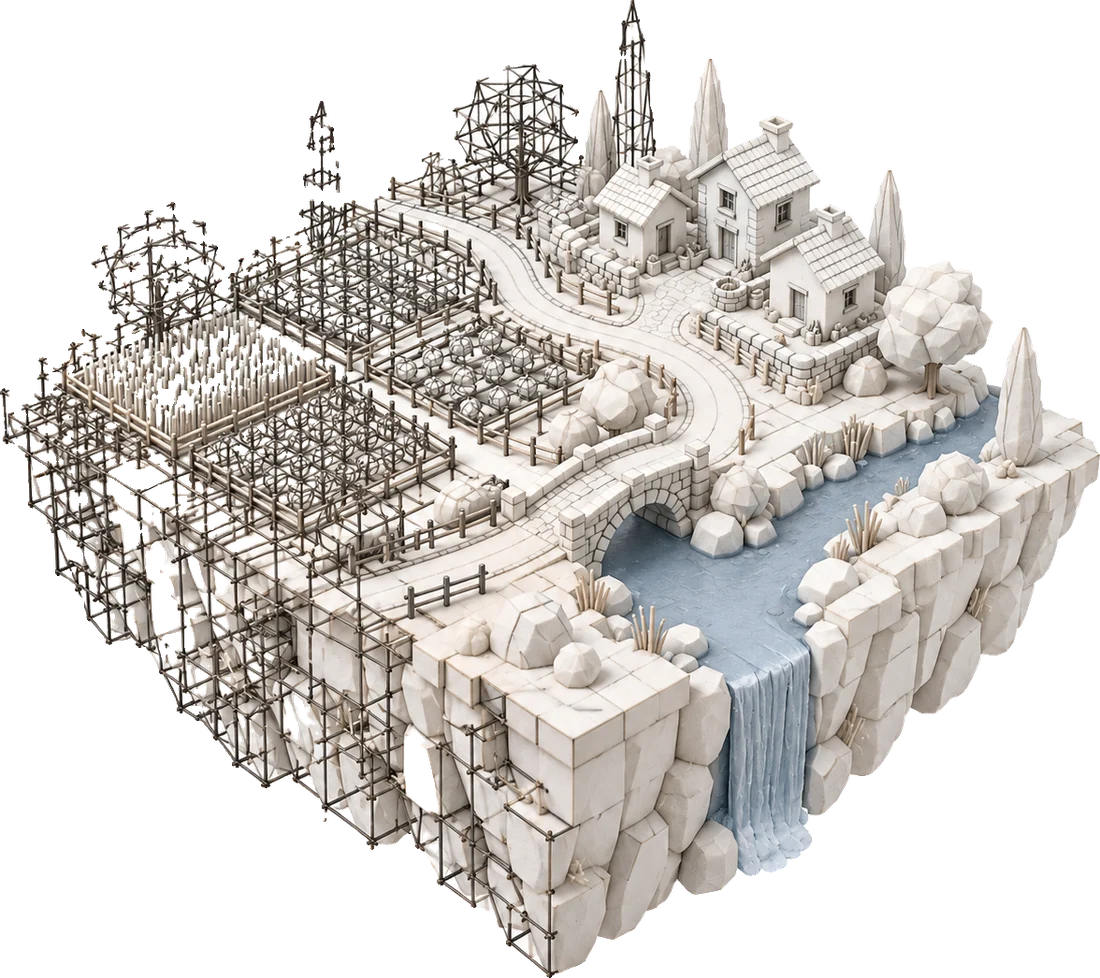 The same world as a half-built wireframe model