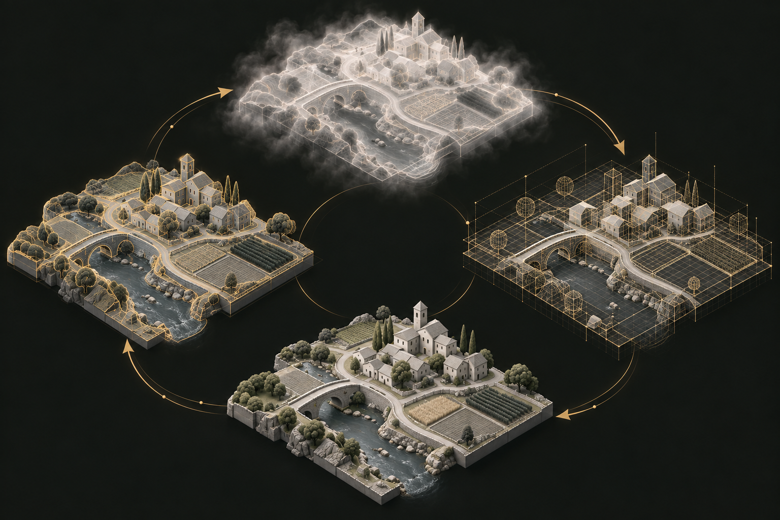 Conceptual illustration of the Dream Loop: four versions of one miniature village, imagined at the top, under construction at the right, running at the bottom, and checked at the left, connected by gold arrows.