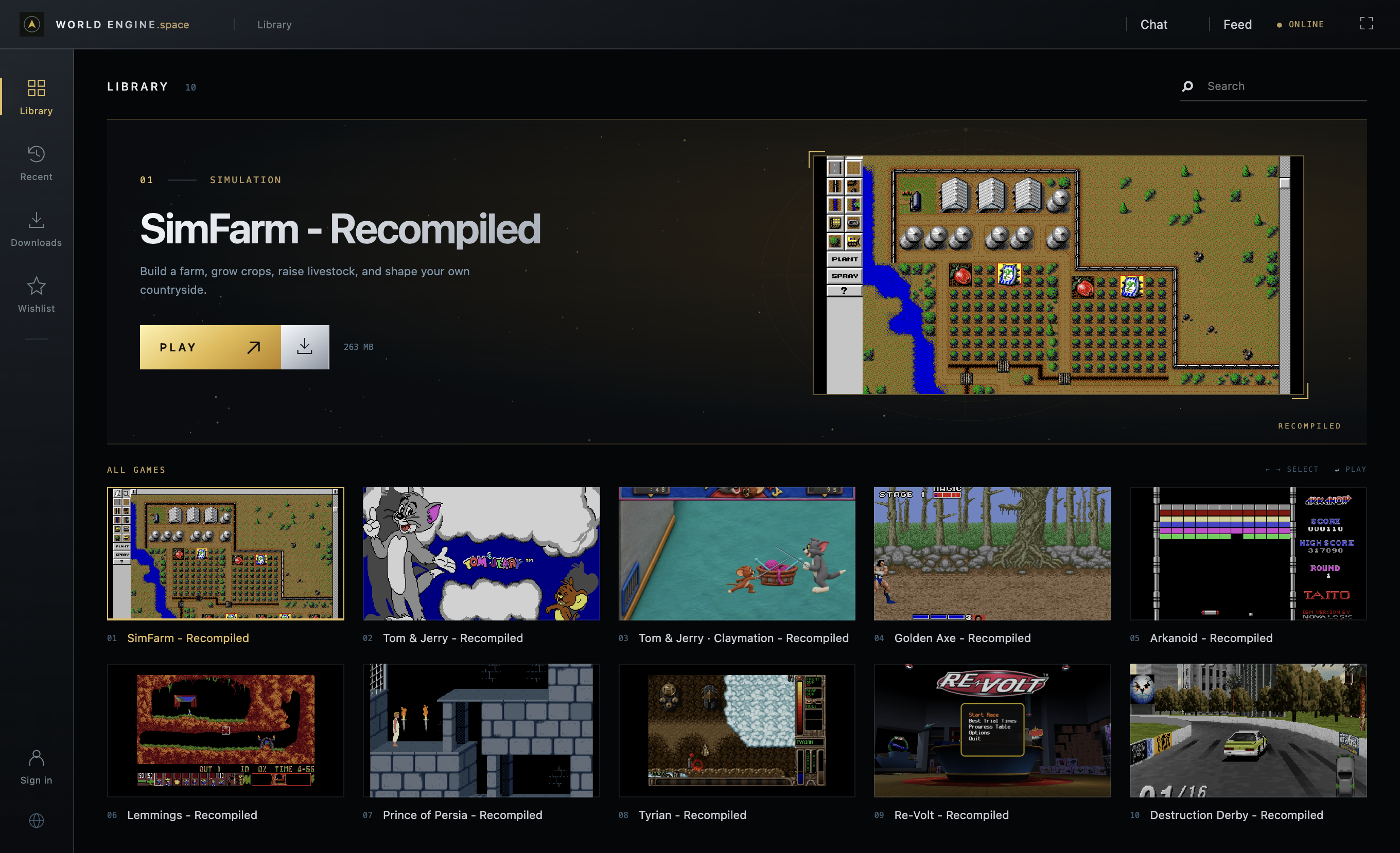 WorldEngine.space native client with all ten games in a gold-and-silver library