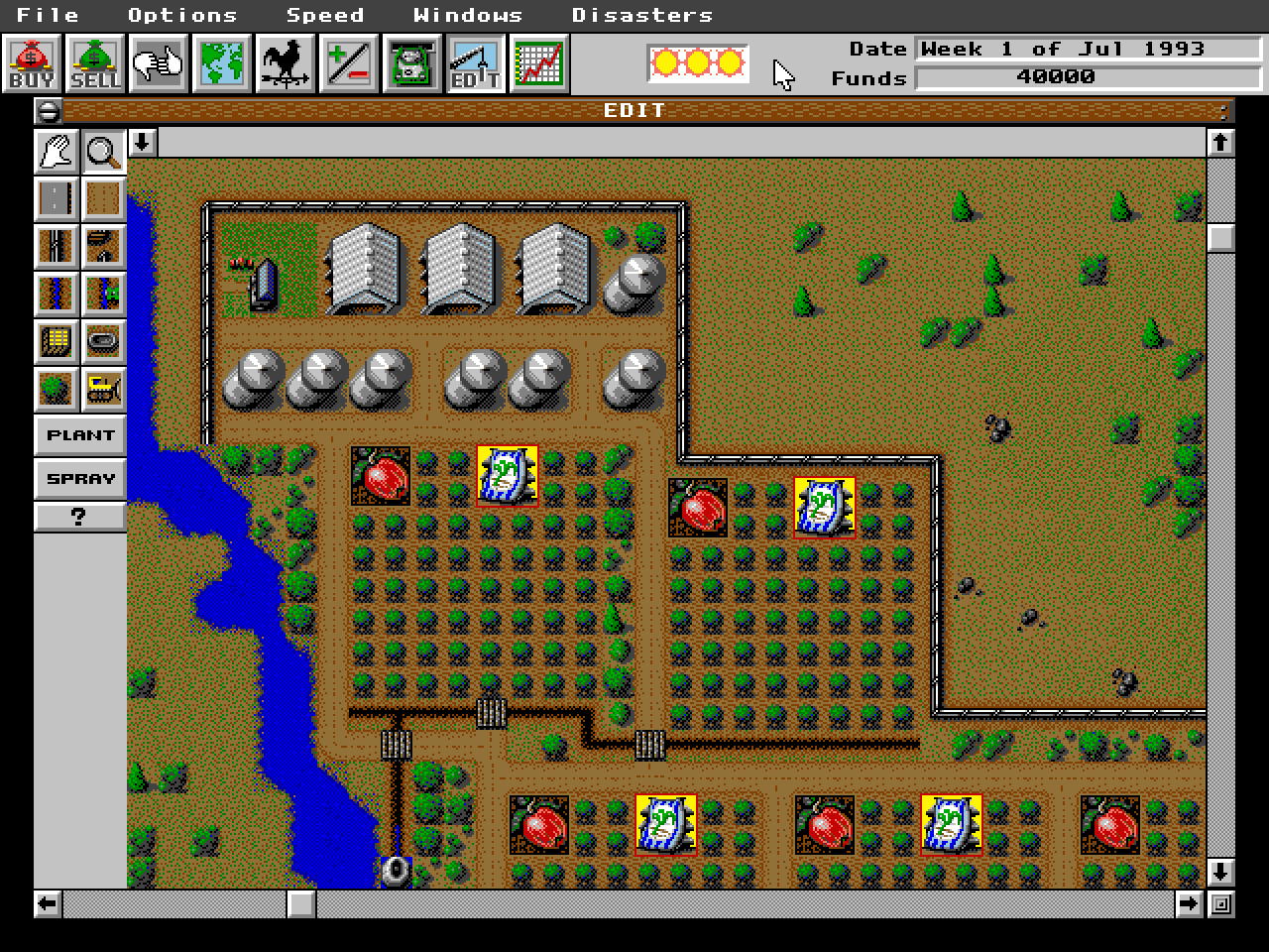 A SimFarm countryside with fields and farm buildings